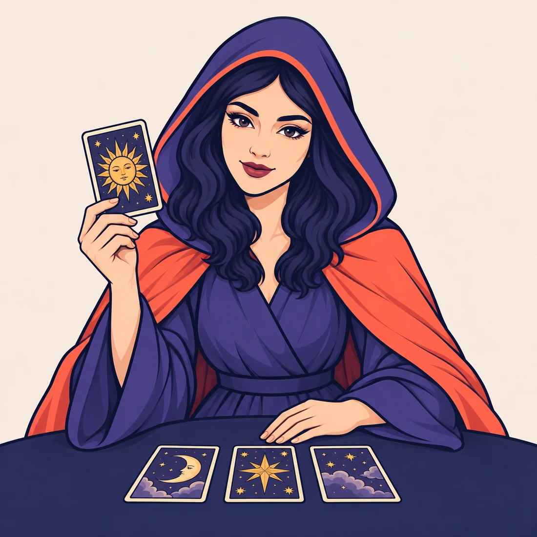 Die Oraclium-Figur zeigt eine Sonnenkarte über einer Tarotlegung und blickt zum Betrachter